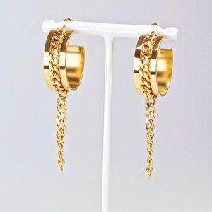 NEW Large Statement Hoop Cuban Chain Drop 18K Gold Plated Earrings